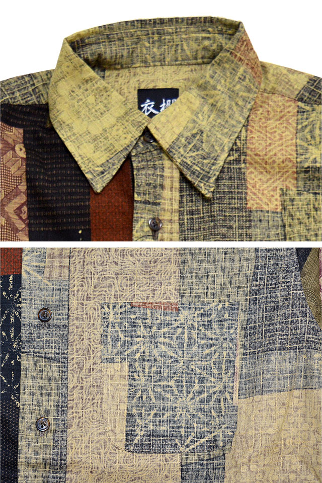 表裏一体切替レギュラー長袖シャツ「大島紬調パッチワークプリント