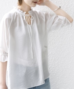 quaranciel:〈洗濯機可能〉シアー ギャザー クルーネック シャツ