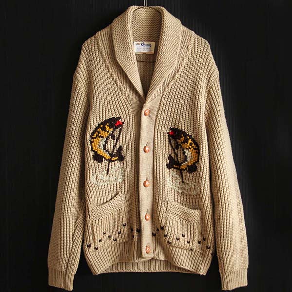 70s カナダ製 Caldwell 魚柄 ショールカラー ニットカーディガン M