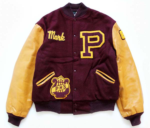 80s USA製 TROPHY JACKETS パッチ付き メルトン ウール 袖革スタジャン