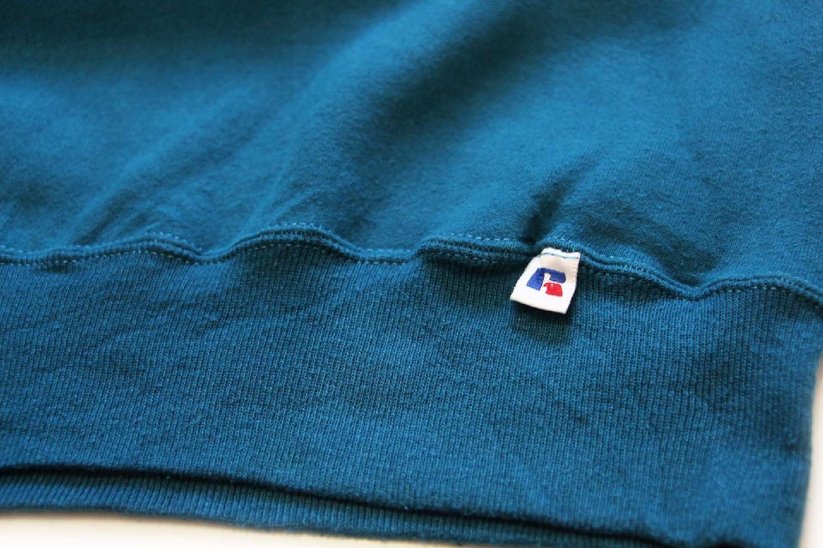 90s USA製 RUSSELLラッセル 無地 前V スウェット 青緑 XL☆ブランク