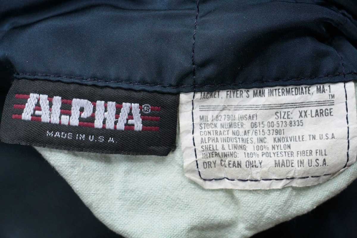 90s USA製 ALPHAアルファ パッチ付き MA-1 フライトジャケット 紺 XXL