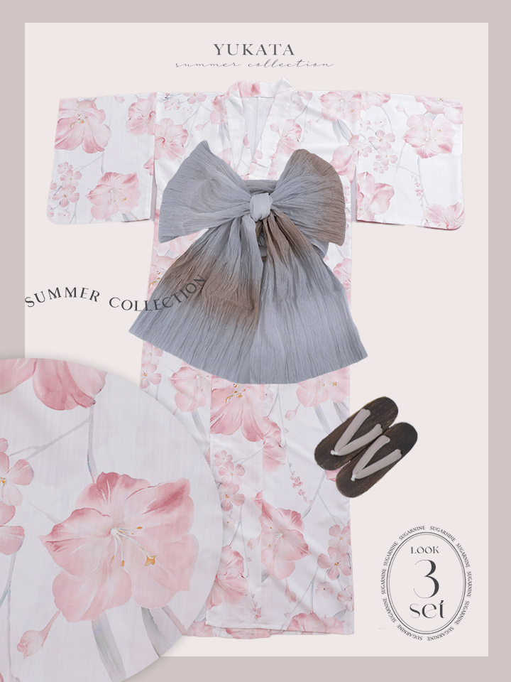 即日発送】ニュアンスピンク水彩朝顔浴衣 【浴衣3点セット 浴衣/帯