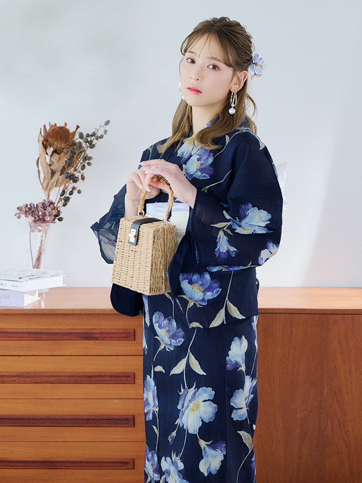 即日発送】ネイビー＆ブルー牡丹浴衣【浴衣3点セット 浴衣/帯/下駄