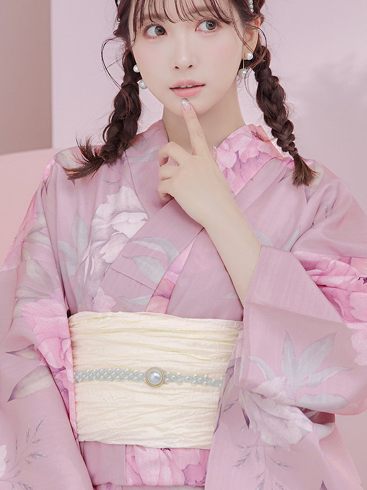 即日発送】【浴衣】大人スウィート/ピンク地に大柄牡丹浴衣 【浴衣3点