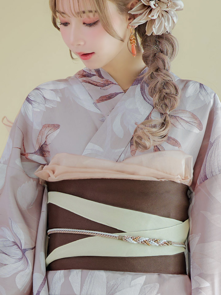 即日発送！】【浴衣】ホワイトフラワーブラウン浴衣 【浴衣3点セット