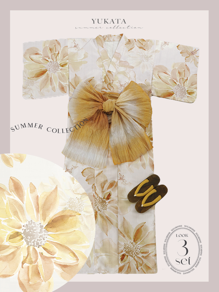 即日発送！】水彩イエローフラワー浴衣【浴衣3点セット 浴衣/帯/下駄