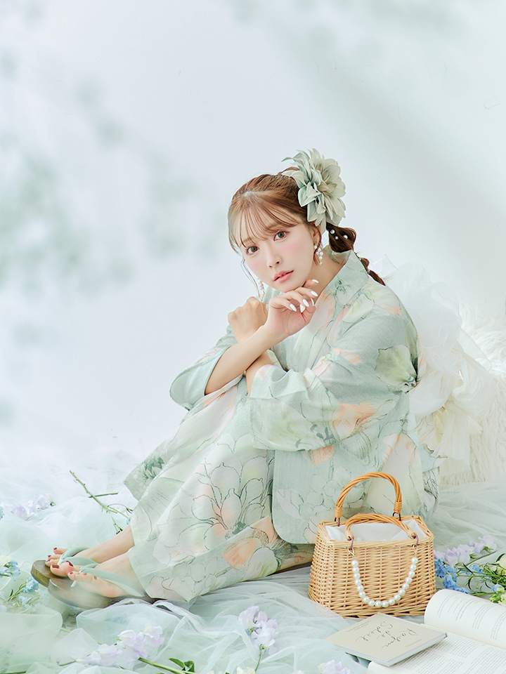 即日発送】アイシーミントフラワー浴衣【浴衣3点セット 浴衣/帯/下駄