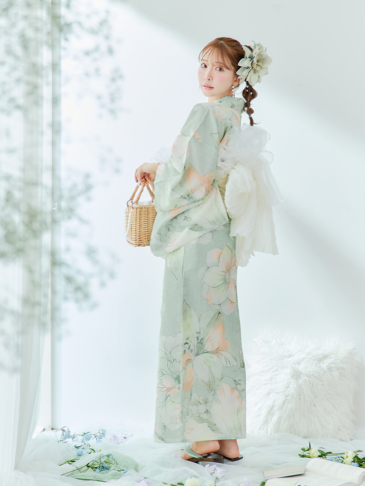 即日発送】アイシーミントフラワー浴衣【浴衣3点セット 浴衣/帯/下駄