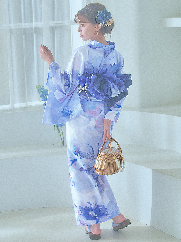 即日発送】水彩フラワーブルー浴衣【浴衣3点セット 浴衣/帯/下駄