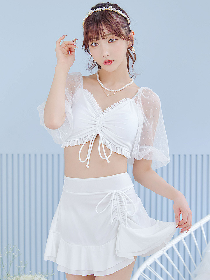 即日発送！】【ビキニ】【水着】ドットチュール袖バストフリルビキニ 3