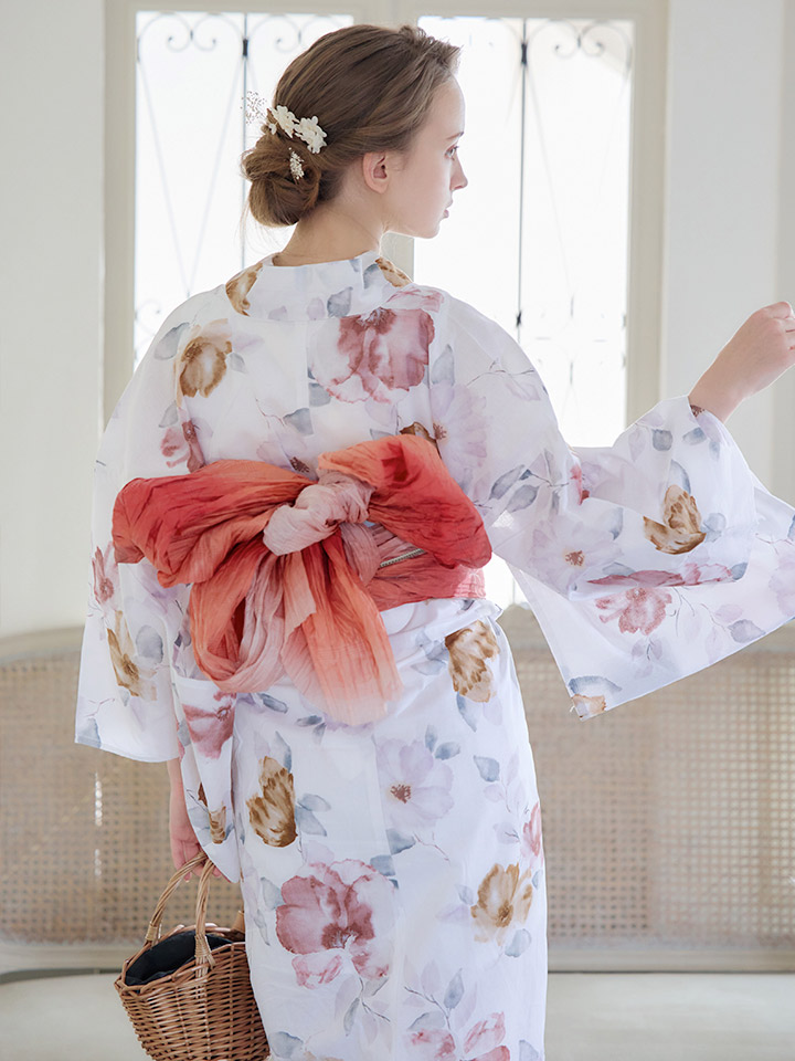 即日発送】【浴衣】白地x暖色椿浴衣【浴衣3点セット 浴衣/帯/下駄