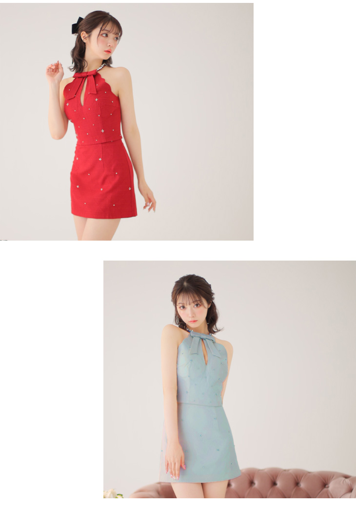 XSサイズあり】ビジューネックリボン×アメスリセットアップキャバ