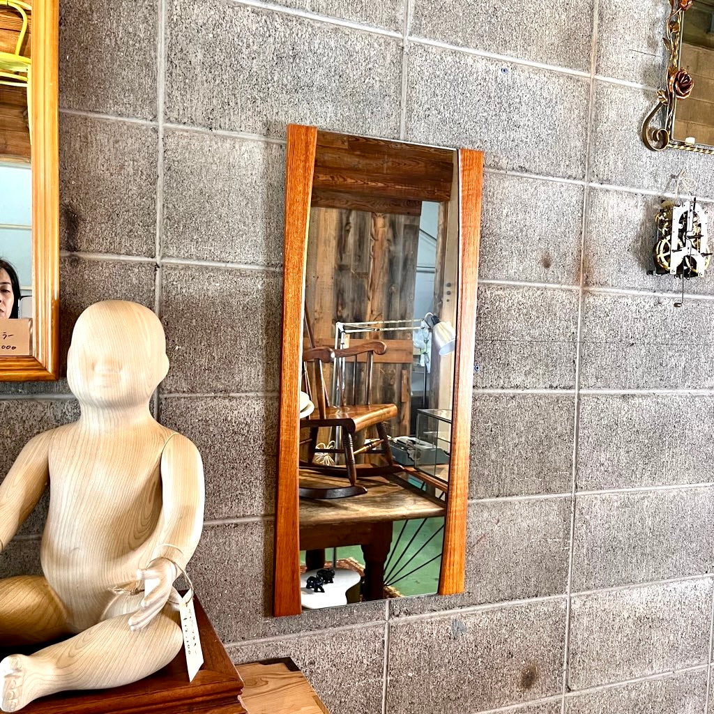 qp＊木製 ウォールミラー 壁掛け 鏡 インテリア 昭和レトロ 当時物