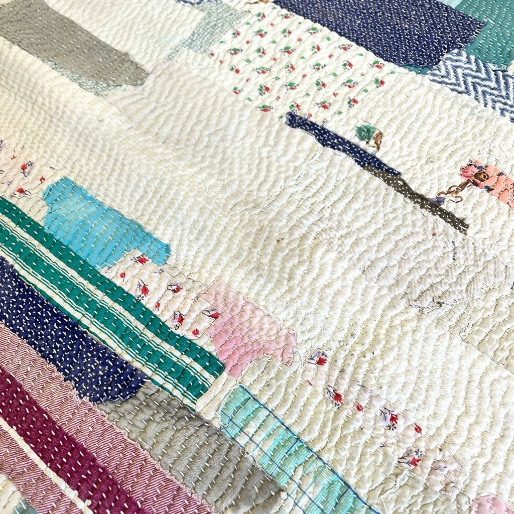 ラリーキルト ラグ パッチワーク ステッチ ブルー ヴィンテージ 中古