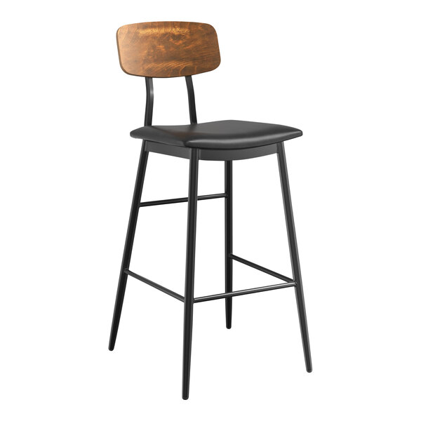 Mid-Century Black Barstool with Black Vinyl Padded Seat and