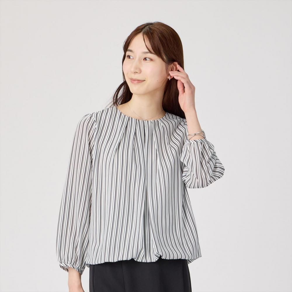 フロントタック ストライプブラウス 長袖 レディース(M ブルー): 東京