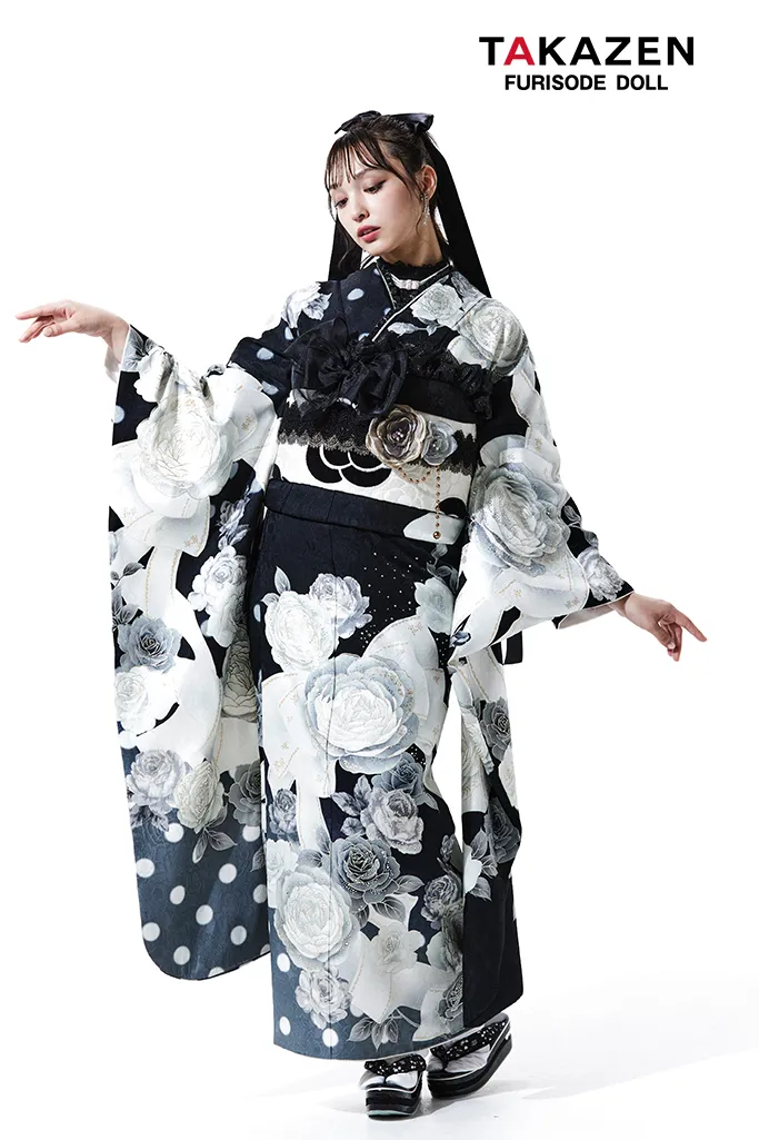 ヘップバーン 白/黒 バラ柄/リボン柄 かわいい キラキラ振袖 ハイ