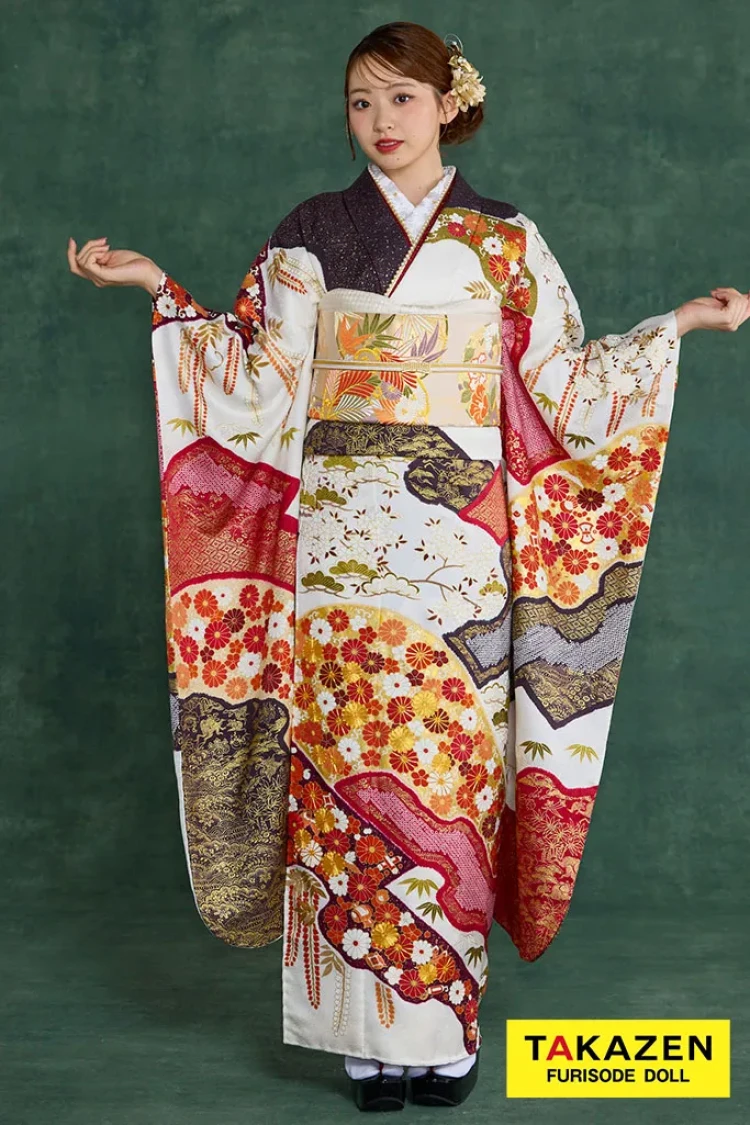 プレミアム古典 青柳/最高級金駒繍絞り手描友禅 白/赤 菊柄 高級振袖