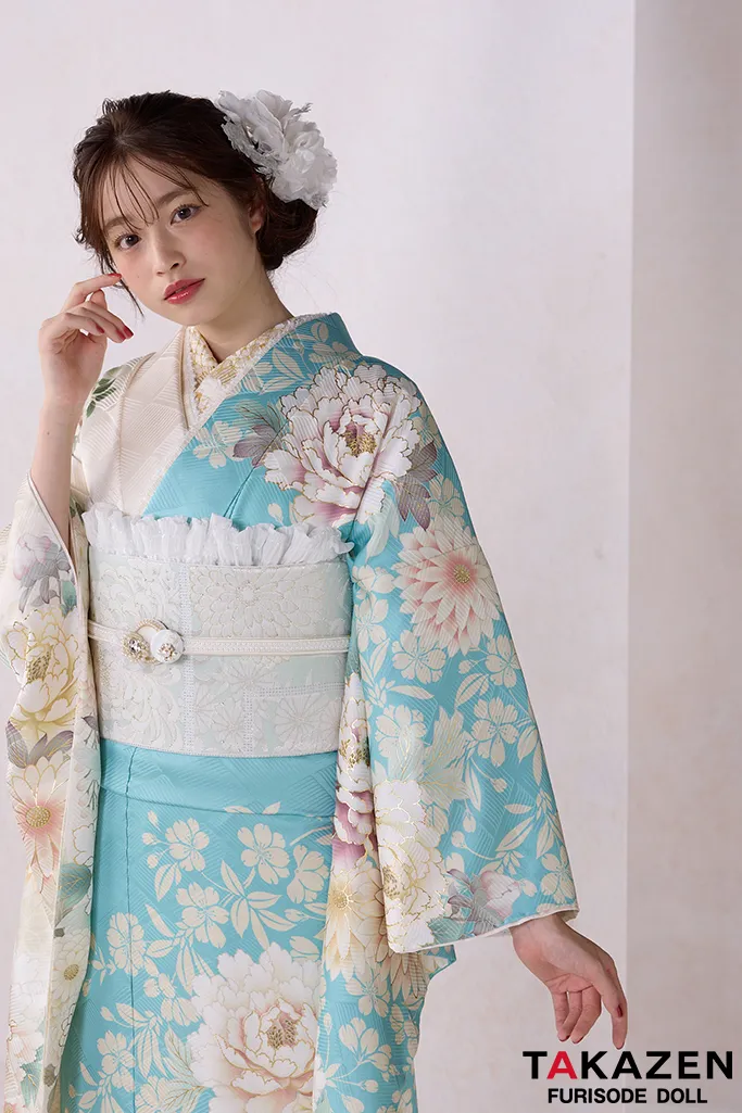 正統派古典 水色/白 牡丹柄/菊柄 かわいい 淡い色 今どき 方身代わり