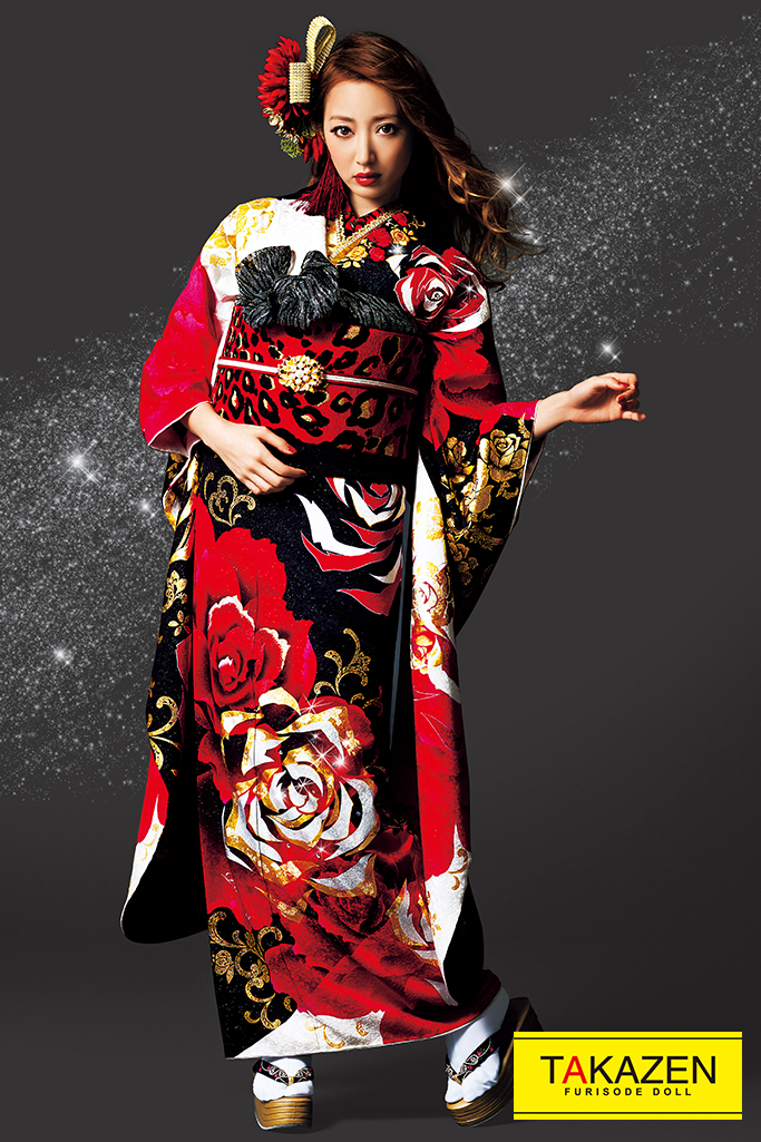 激安モード 赤/黒/金 バラ柄 人気 派手かっこいい ギャル振袖 ヒョウ柄