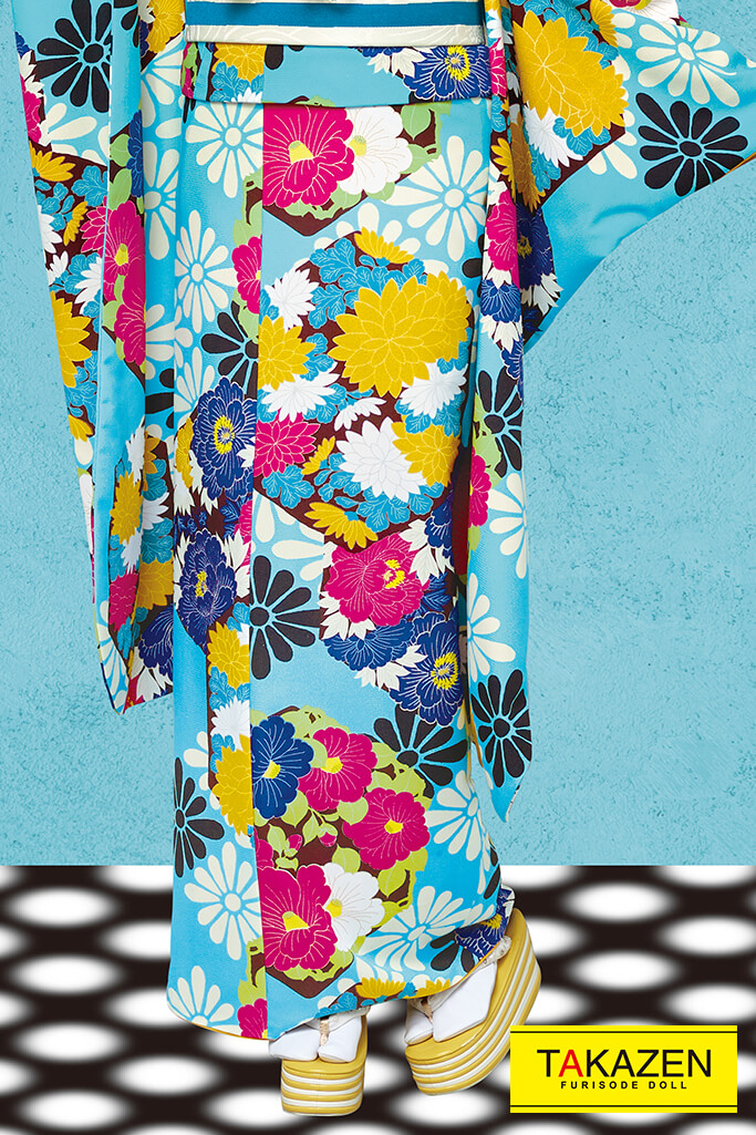 激安レトロポップ 水色/黄/ピンク/カラフル 総柄 個性的振袖 派手