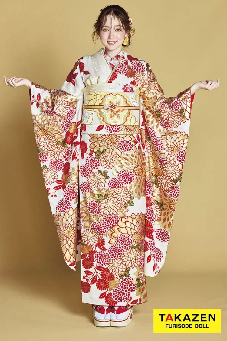 最高級古典柄振袖 滝泰/最高級金彩刺繍絞り友禅 白/金/赤 菊柄 上品な