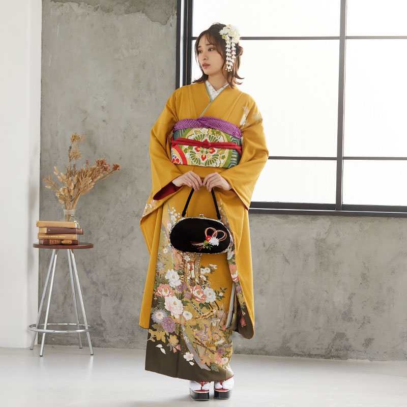 振袖：R964 金茶 御所車に四季の花☆(絹)│ 振袖レンタル │ 京都着物