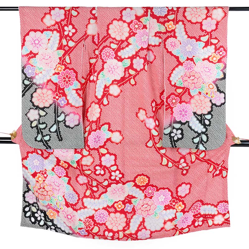 七五三七歳四つ身：N080 【正絹】赤 総絞り 牡丹に手毬 | 七五三着物