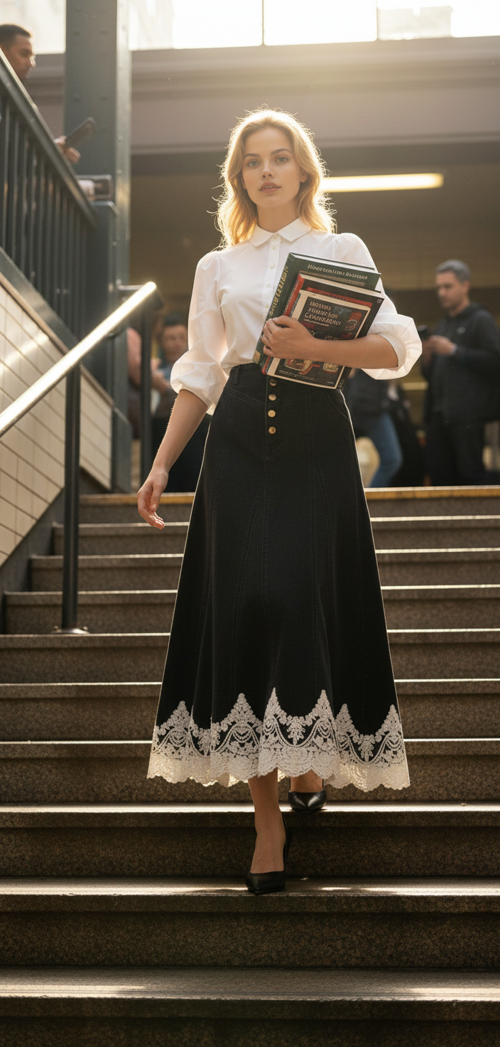 Jinny Lace Scalloped Denim Skirt in Black – Yuna Yang