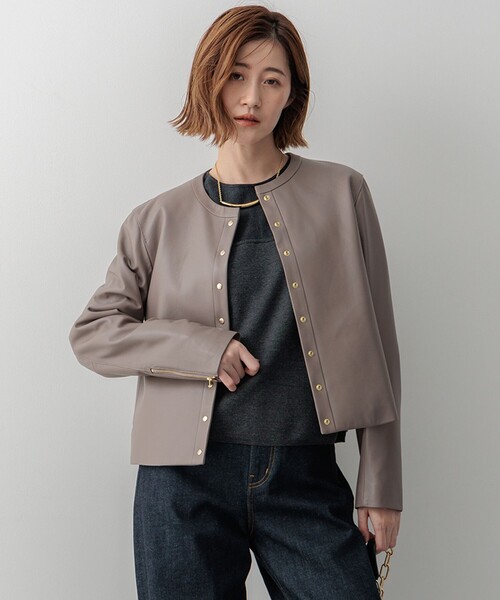 ジャケット ノーカラージャケット ラムレザー レディース : ZOZOTOWN