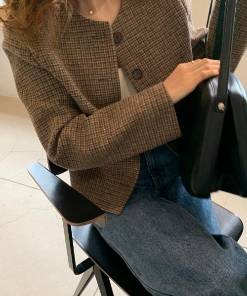 N.s ジャケット ノーカラージャケット ノーカラーチェックジャケット