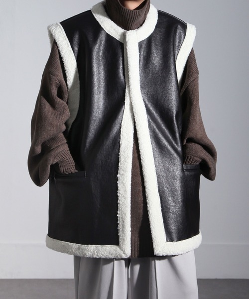 Nilway（ニルウェイ） ベスト ジレ PUレザームートン ボア ベスト