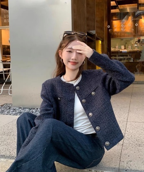 ジャケット ノーカラージャケット ノーカラー ツィードジャケット