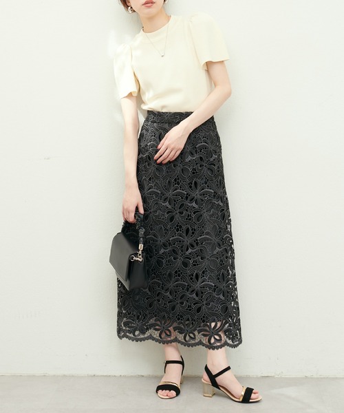 natural couture スカート 23SS新作/リボンモチーフケミカルレース