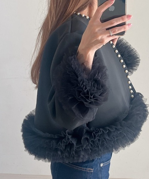 deux amour ジャケット ノーカラージャケット パール付きフリル