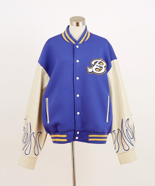 スタジャン a.p.o.v. フェルトワッペン＆フレイム刺繍アーム合成皮革