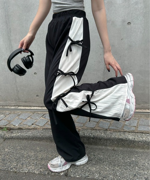 パンツ サイドリボン スリット プリーツ ストレートパンツ レディース