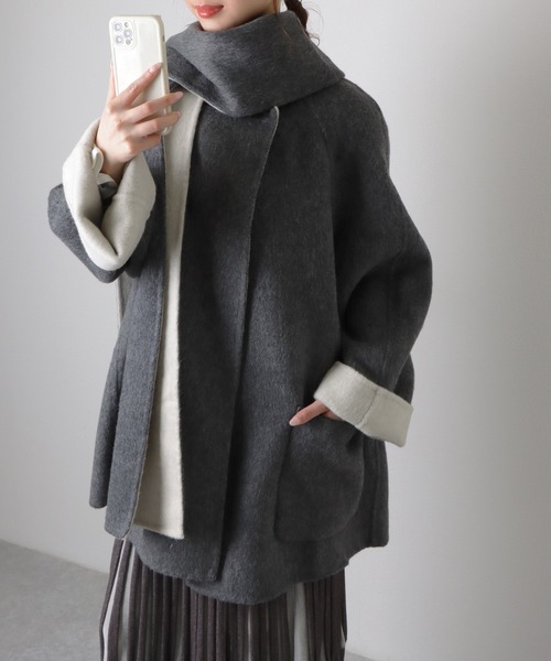 ノーカラーコート コート scarf double face wool coat /マフラー付き
