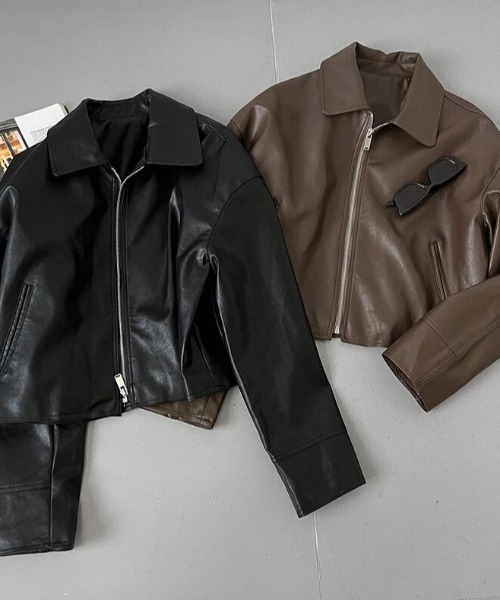 レザージャケット ライダース ショート丈 シンプルデザイン レディース