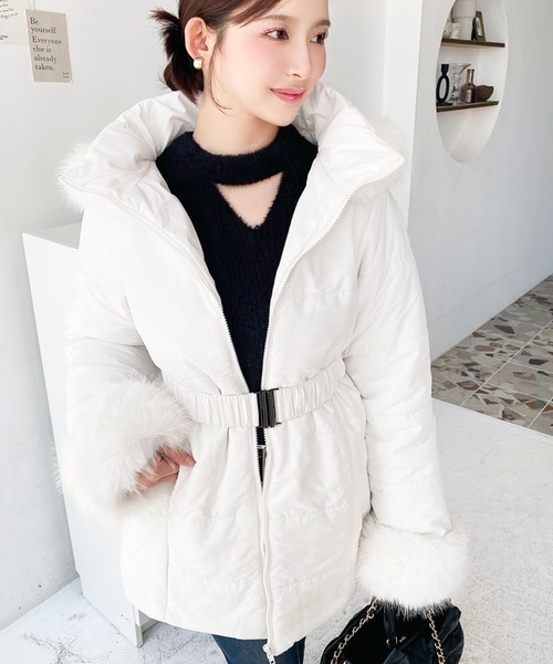 moment+ ダウンコート ダウンジャケット ウェストベルト付きフード