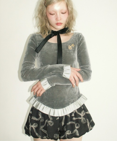 musubore（ムスボレ） tシャツ bi-color flocky frill tops