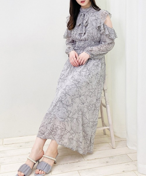 INGNI（イング） ワンピース レディース 肩開きフリル花柄シフォン