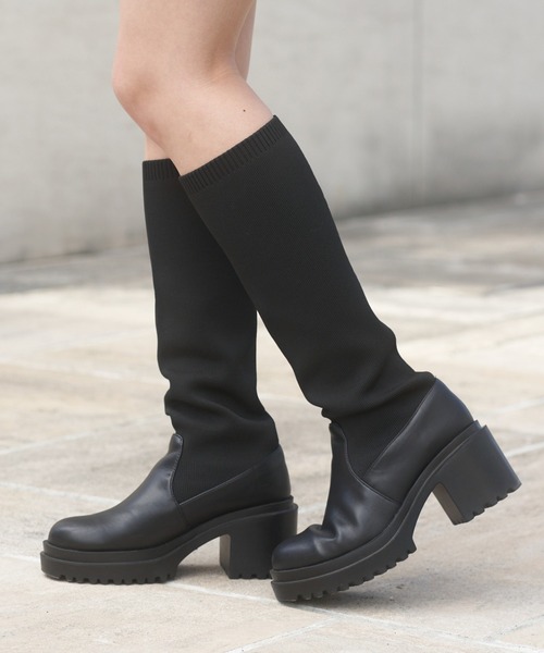Chico（チコ） ブーツ 「4サイズ展開」ソックスロングチャンキーブーツ