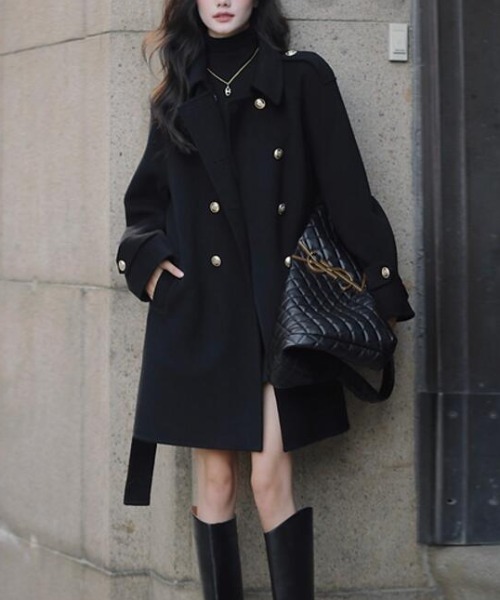 ピーコート pコート ダブルブレストベルト付きミドルレングスコート