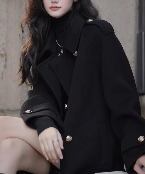 ピーコート pコート ダブルブレストベルト付きミドルレングスコート