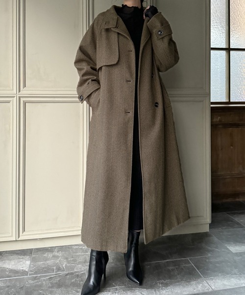 JUNOAH（ジュノア） コート アウター ヘリンボーンスタンドカラー