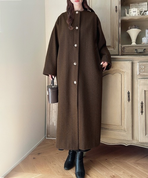 Meiru ノーカラーコート コート ノーカラーロングコート レディース
