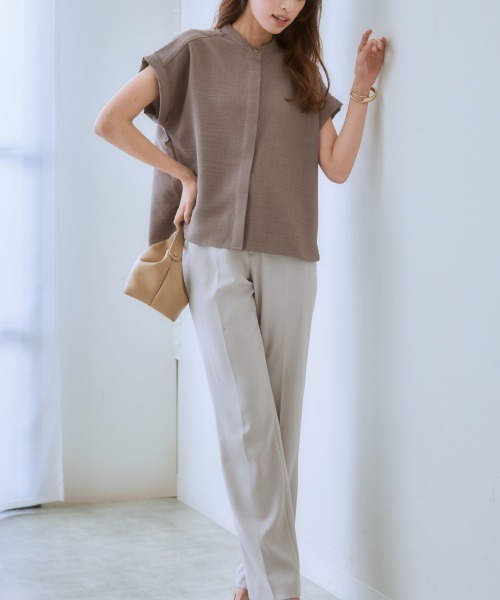 7days Life Styling ブラウス シャツ 麻調合繊バンドカラー半袖