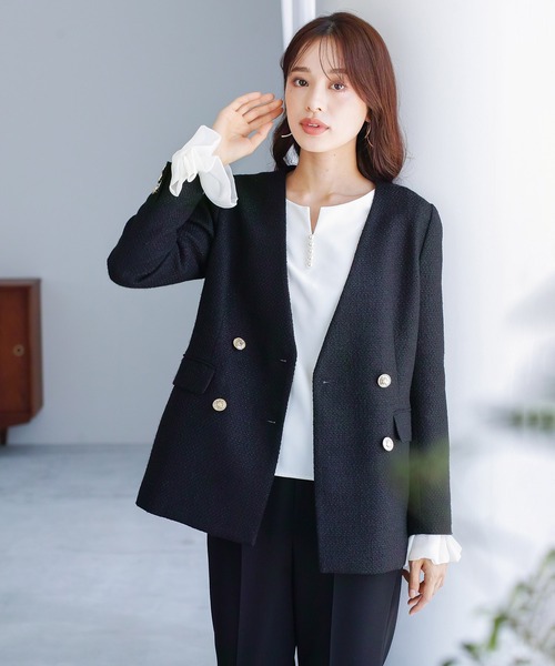 ジャケット ノーカラージャケット 「洗える＆防シワ」金ボタンダブル